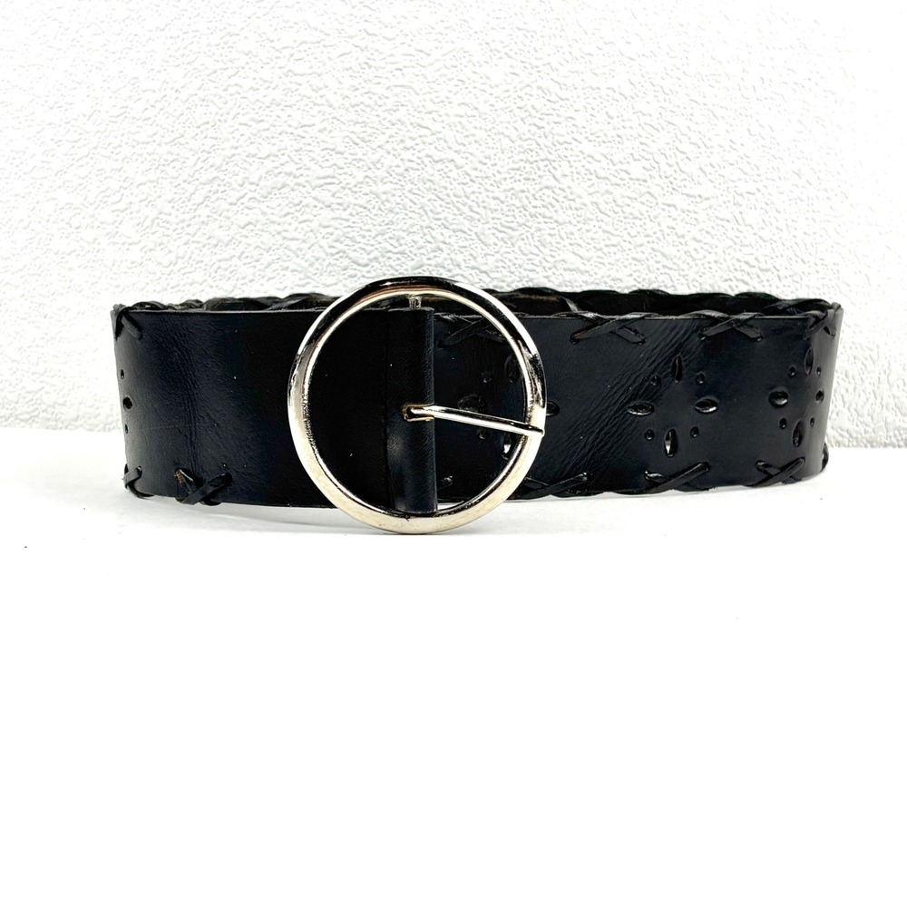 Wide Leather Belt Womens XL 36 -40 Black Good Boho Cutout Silver Buckle